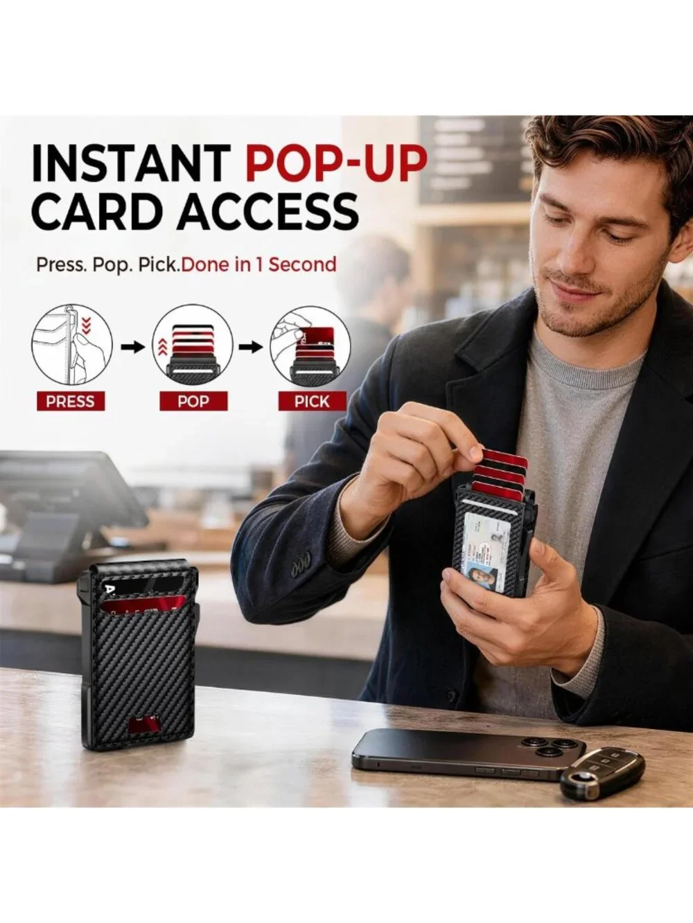 Slim RFID Blocking Metal Wallet for Men - Pop-Up Card Holder, 14 Cards Capacity